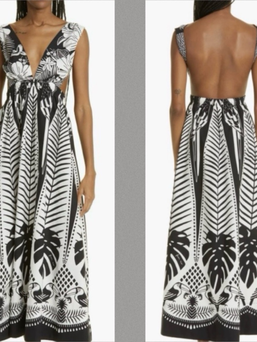 Sz M Anthropologie Farm Rio Macaw Elegance Black Cotton Backless Maxi Dress